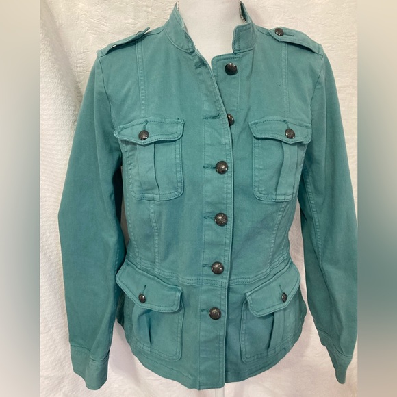 SOLD…Talbots Jacket Jean Jacket Teal Denim Military-Inspired Style, Size Small - Picture 2 of 16